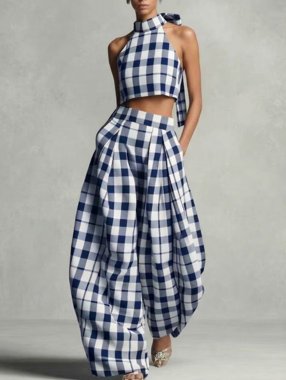 Blue-White Plaid Halter Crop Top And Wide-Leg Lantern Pants Set | Retro Elegant